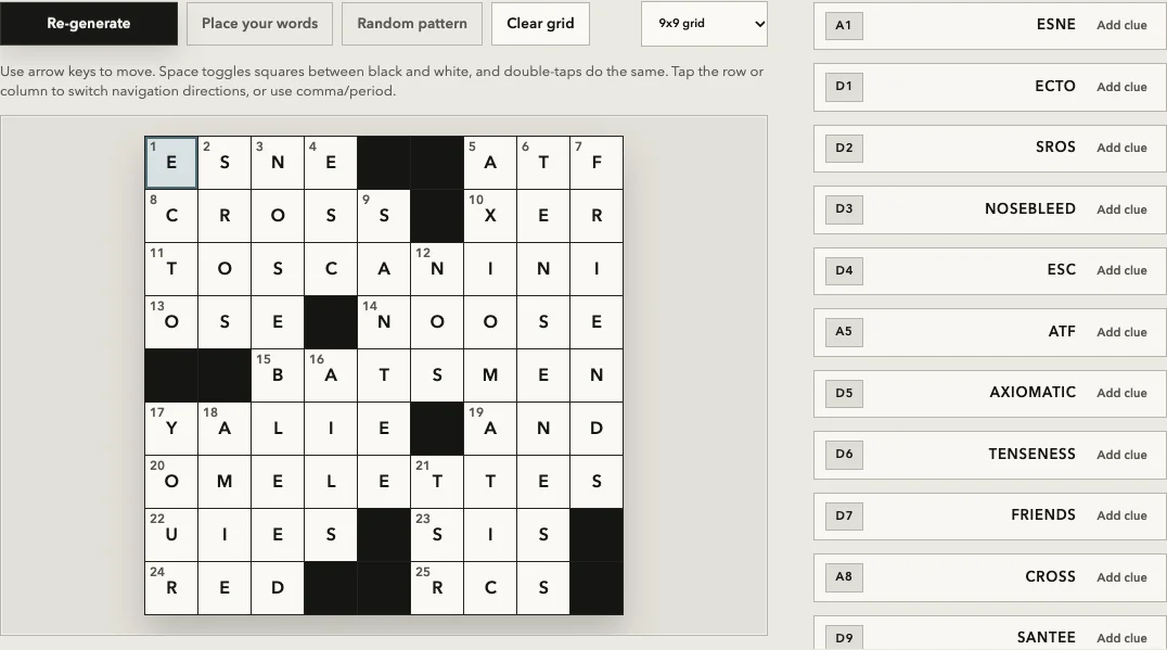 The Cross Your Friends crossword editor with a generated puzzle and clue fields